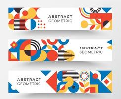 Bauhaus inspired three horizontal banners with square figures, shadows and text. Minimal modern abstract brochure vector