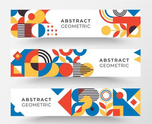 Bauhaus inspired three horizontal banners with square figures, shadows and text. Minimal modern abstract brochure