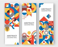 Bauhaus inspired three vertical banners with square figures, shadows and text. Minimal modern abstract brochure vector