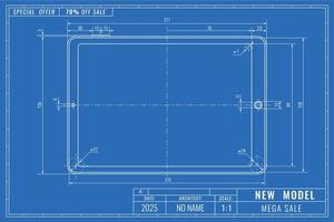 Tablet as technical blueprint drawing. Device sale technical outline concept. Mechanical engineering drawings vector