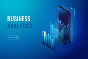 Realistic mobile phone with business analytics data and charts. Monitoring analysis, visualization data.Infographic with 3d vector phone. Marketing diagrams on smartphone