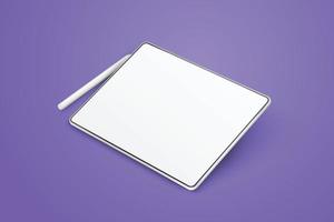 Empty tablet and pen on a violet background. Device in perspective view. Tablet mockup from different angles. Illustration of device 3d screen vector