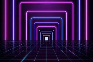 Dark background with glowing neon rectangles and perspective grid. Glowing light frames and out reflection vector