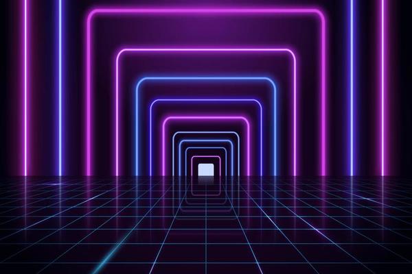 Dark background with glowing neon rectangles and perspective grid. Glowing light frames and out reflection