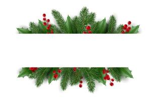 Banner with Christmas tree branches. Christmas garland with holly berries. Realistic looking Christmas tree branches decorated with leaves vector