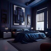 Dark Blue Minimalist Modern Interior Bedroom Design. photo