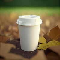 Coffee to go on a background with green plants. Illustration photo