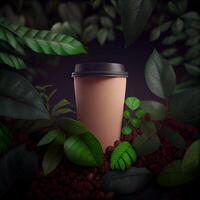 Coffee to go on a background with green plants. Illustration photo