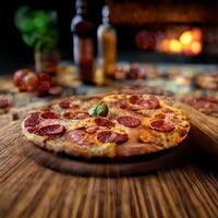 Pepperoni Pizza on Brown wood. Illustration photo