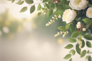 Realistic Wedding Floral Border Blur. Illustration Generative AI photo