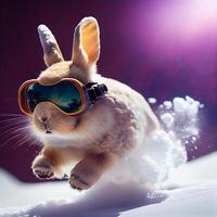 Cool Bunny in ski goggles rides a snowboard. Illustration photo
