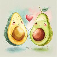 2 Watercolor Avocado in love on white Background. Illustration photo