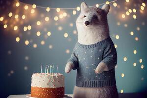 Portrait of woodland animal Bear with fluffy fur with cake. Illustration photo