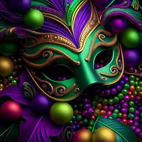 Violet Mardi Gras Carnaval Background with Mask. photo