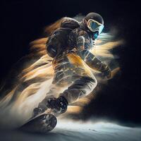 Man in ski goggles rides a snowboard from a snowy mountain. Illustration photo