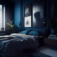 Dark Blue Minimalist Modern Interior Bedroom Design. photo