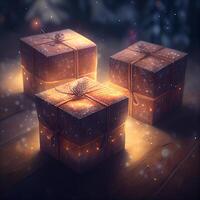 Gift Boxes on Wooden Background in Winter photo