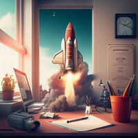 Vivid Rocket Starting Fly From a Desk. Illustration. photo