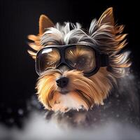 Cool Dog in ski goggles rides a snowboard. Illustration photo