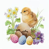 Watercolor happy Easter with yellow chicken illustration. Illustration photo