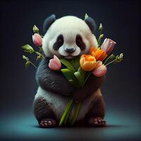 Panda with Spring Tulips Flower. photo