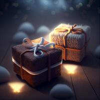Gift Boxes on Wooden Background in Winter photo
