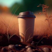 Coffee to go on a background with green plants. Illustration photo