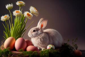 Happy Easter Greeting Background with Colorful Eggs and Bunny. photo