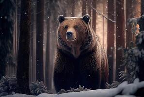 oso en nieve invierno bosque. ilustración generativo ai foto