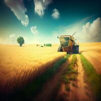 Harvester harvesting wheat in a sunny field. Generative AI photo