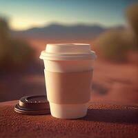 Coffee to go on the background of the road. Illustration photo