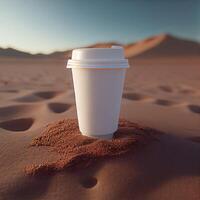 Coffee to go on the background of the desert. Illustration photo