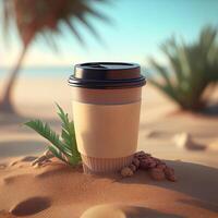 Coffee to go against the backdrop of a palm tree and the sea. Illustration photo