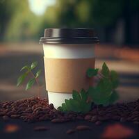 Coffee to go on a background with green plants. Illustration photo