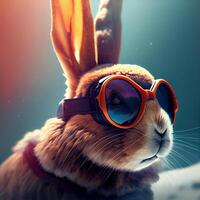 Cool Bunny in ski goggles rides a snowboard. Illustration photo