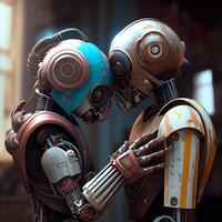 Iron Robots kiss on a dark background. Illustration photo