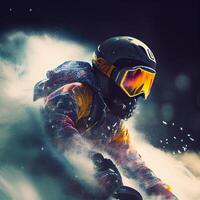 Man in ski goggles rides a snowboard from a snowy mountain. Illustration photo