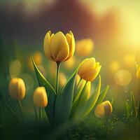 Natural spring light yellow tulips on green. Illustration photo