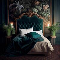 velvet green bed in a bedroom of forest. Illustration photo