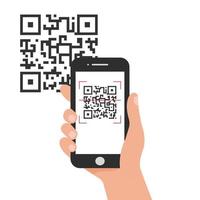 un mano con un teléfono escanear un qr código. vector ilustración.