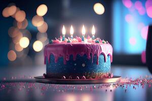 Happy Birthday Greeting Card with Cake in Bokeh Background photo