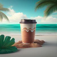 Coffee to go against the backdrop of a palm tree and the sea. Illustration photo