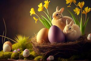 Happy Easter Greeting Background with Colorful Eggs and Bunny. photo