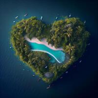 Ocean birds eye view little tropical island heart shape. Illustration photo