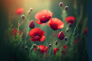 Natural spring light red poppy flowers on green background. Illustration photo