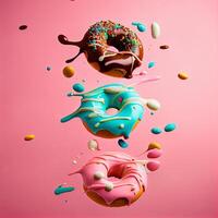 Glazed sweet realistic donut on pink background photo