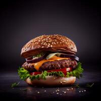 carne de vaca hamburguesa en negro antecedentes. generativo ai foto