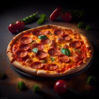 Pizza on black board. Illustration photo