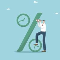 Take a loan to open a business, predict an interest rate on a loan or installment plan, invest your own funds on a deposit, investments or securities, man looks through binoculars near the percentage. vector