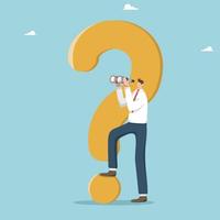 Q and A, FAQ, frequently asked questions, analysis of the consumer market and competitors, viewing comments and customer reviews, a man stands near an exclamation mark and looks through binoculars. vector